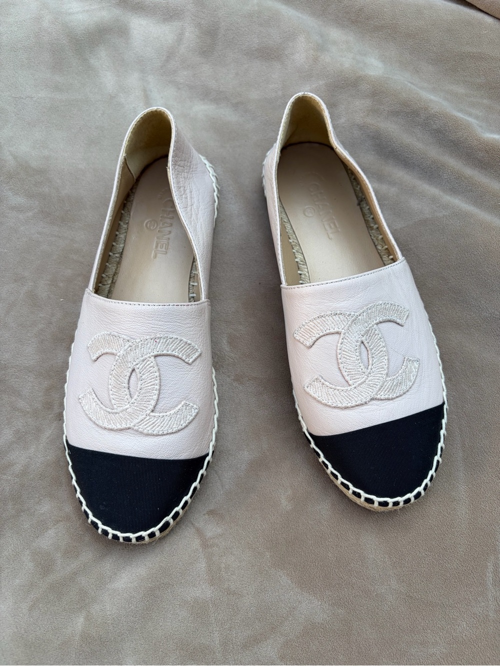 CHANEL Lambskin Leather Beige Black Espadrilles Size 38 / 7.5